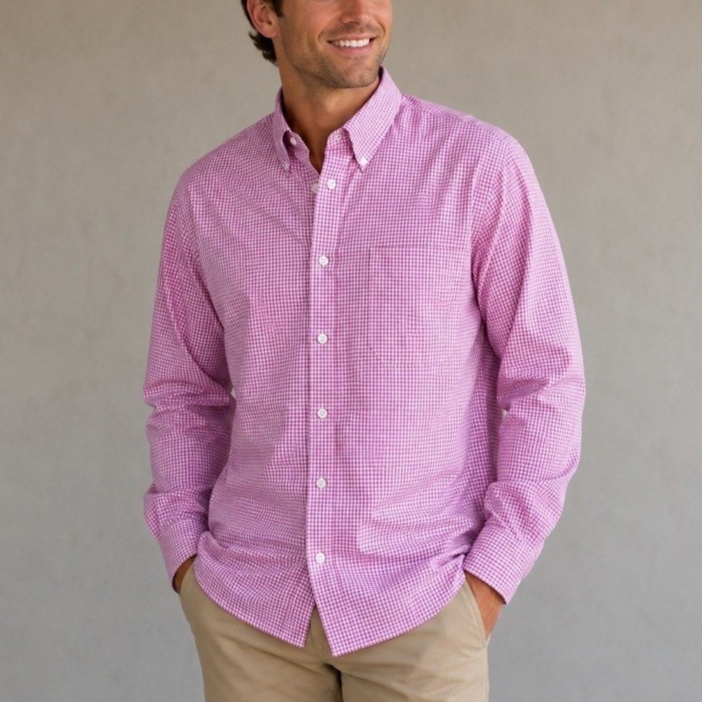 Nautica Navtech Men's XL Pink Gingham Check Non-Iron Stretch Button Down Shirt